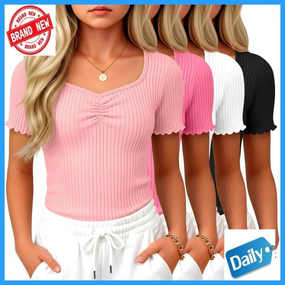 Girls Slim Fit V-Neck Tees 4 Pack Ribbed Lettuce Trim Short Sleeve Tops